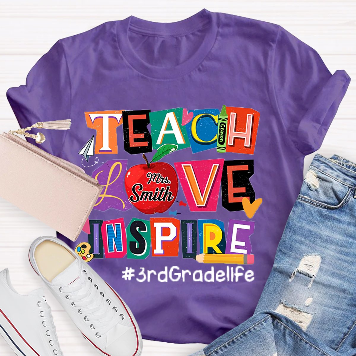 Personalized Name And Grade Teach Love Inspire Teacher T-Shirt