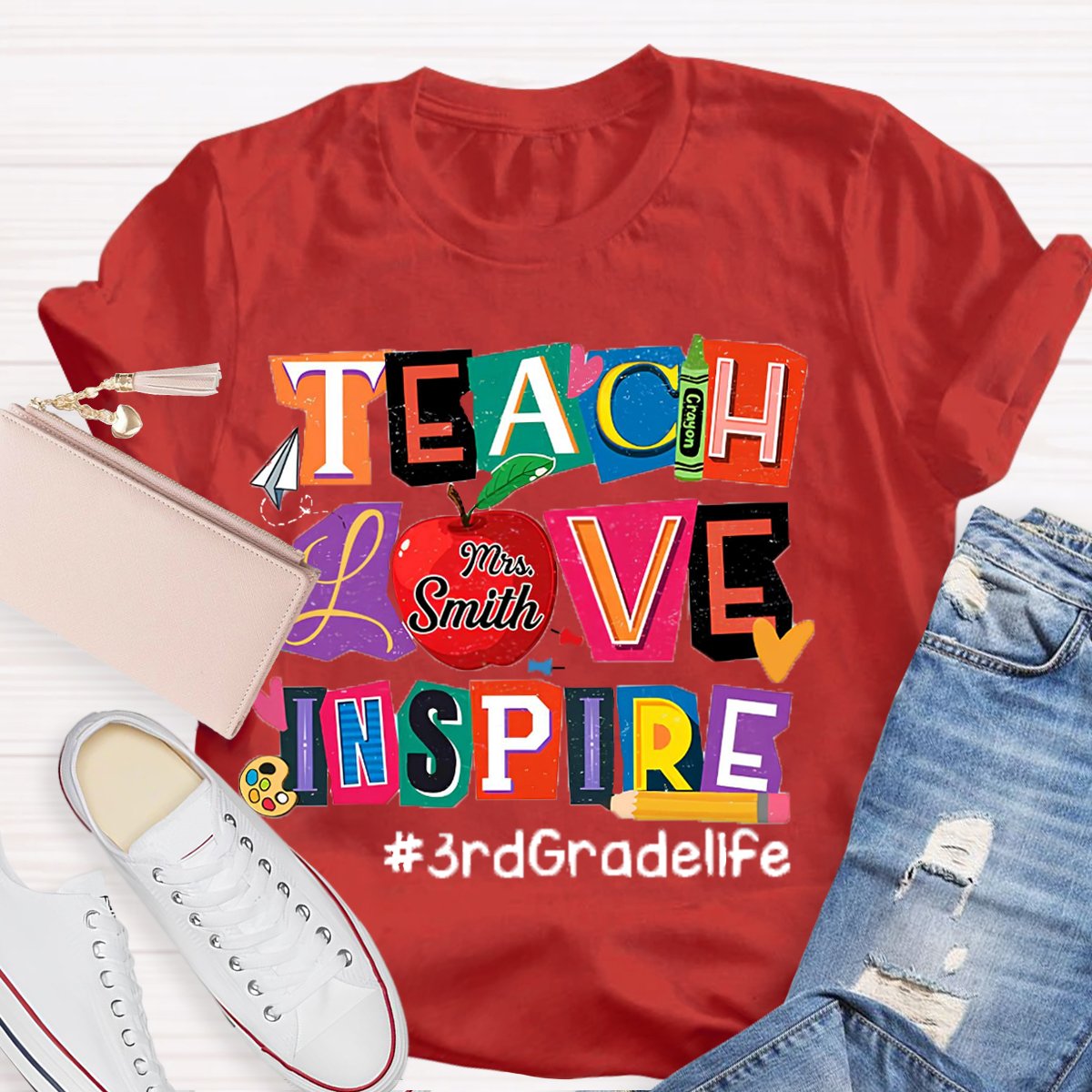 Personalized Name And Grade Teach Love Inspire Teacher T-Shirt