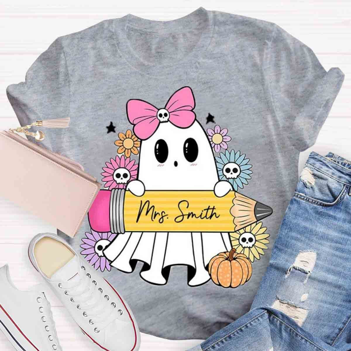 Personalized Name Halloween Teacher Coquette Ghost Shirt