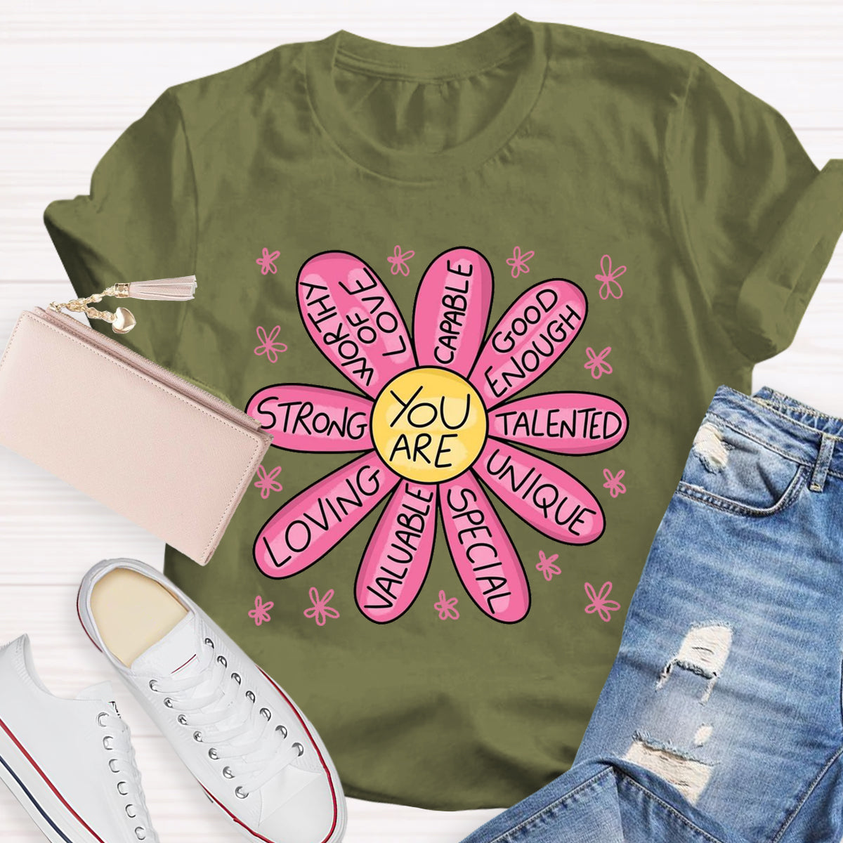 You Are Strong Loving Pink Floral Teacher T-Shirt