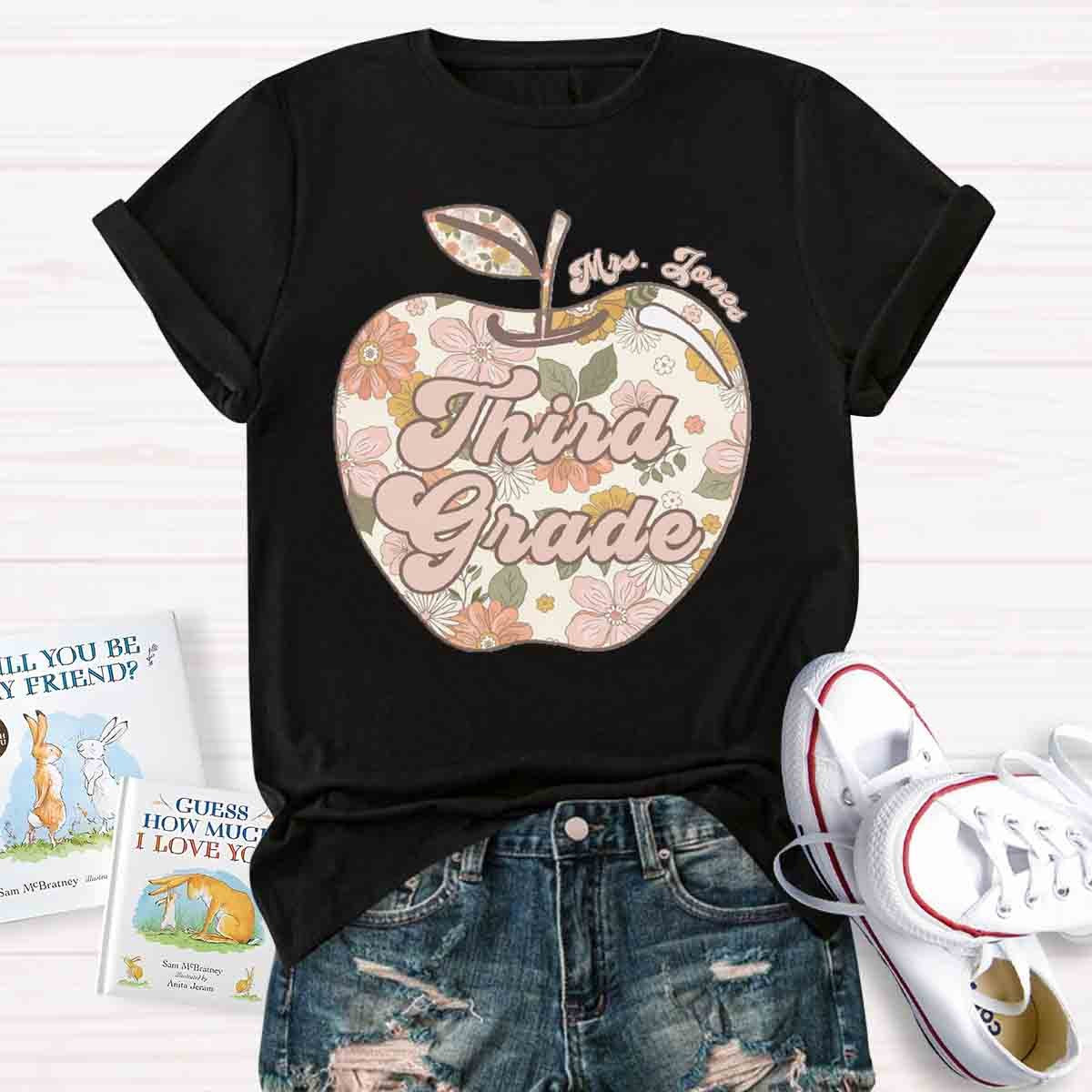 Personalized Grade And Name Apple Floral Teacher T-Shirt