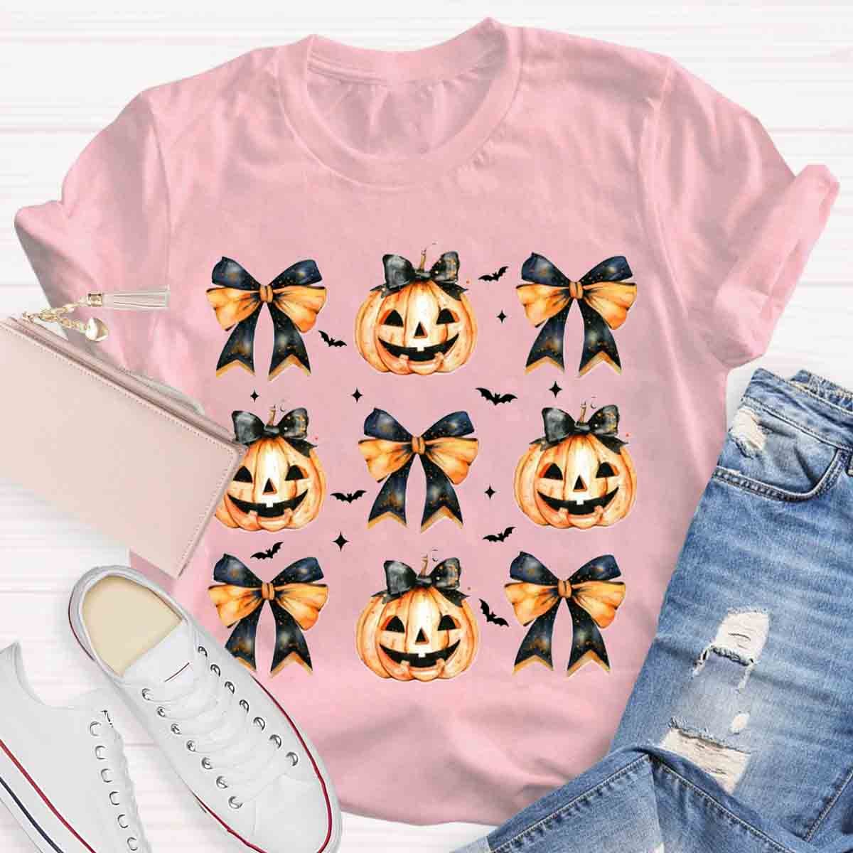 Fall Vibes Pumpkin Bowknot Spooky Teacher T-Shirt