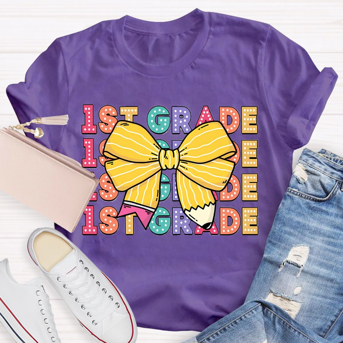 Personalized Grade Bow Pencil Design T-Shirt