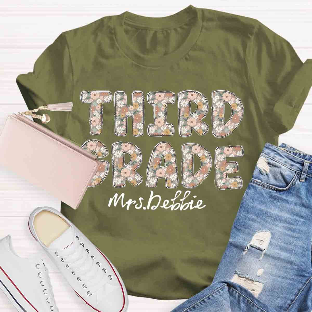 Personalized Grade And Name Floral Third Grade Teacher Shirt