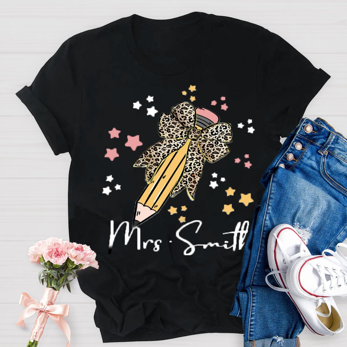 Personalized Name Leopard Bow Teacher Shirt