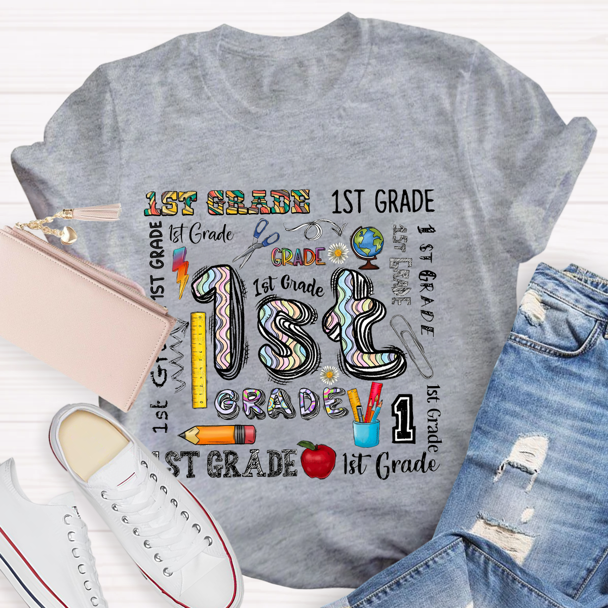 Personalized Grade School Supplies Icons Teacher T-Shirt