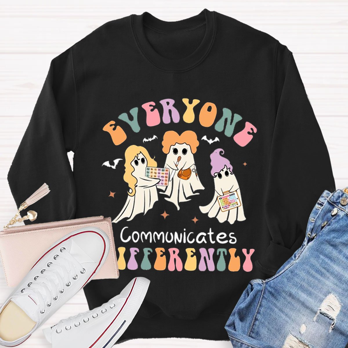 Everyone Communicates Differently Teacher Halloween Sweatshirt