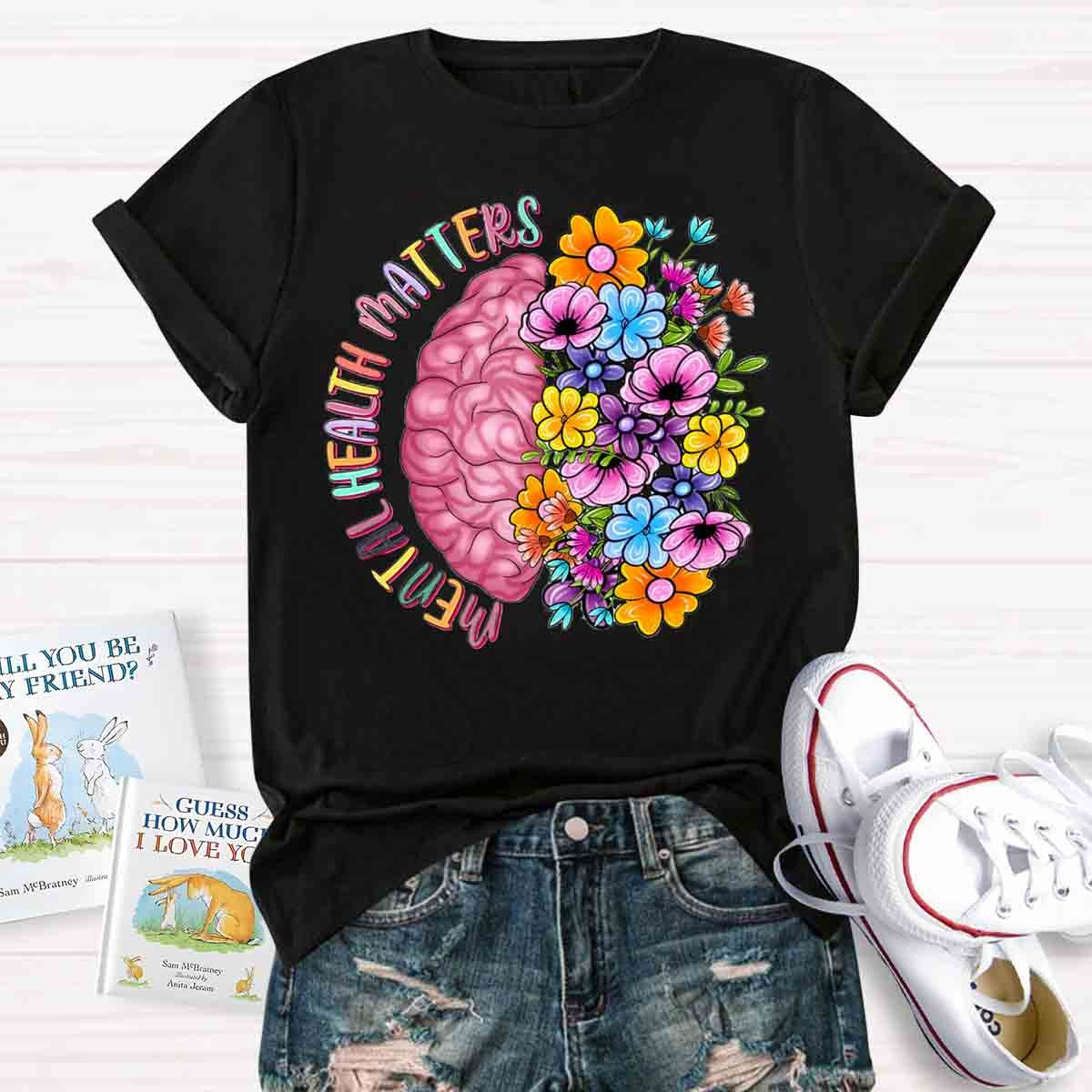 Mental Health Matters Half Brain Half Floral Skull T-Shirt