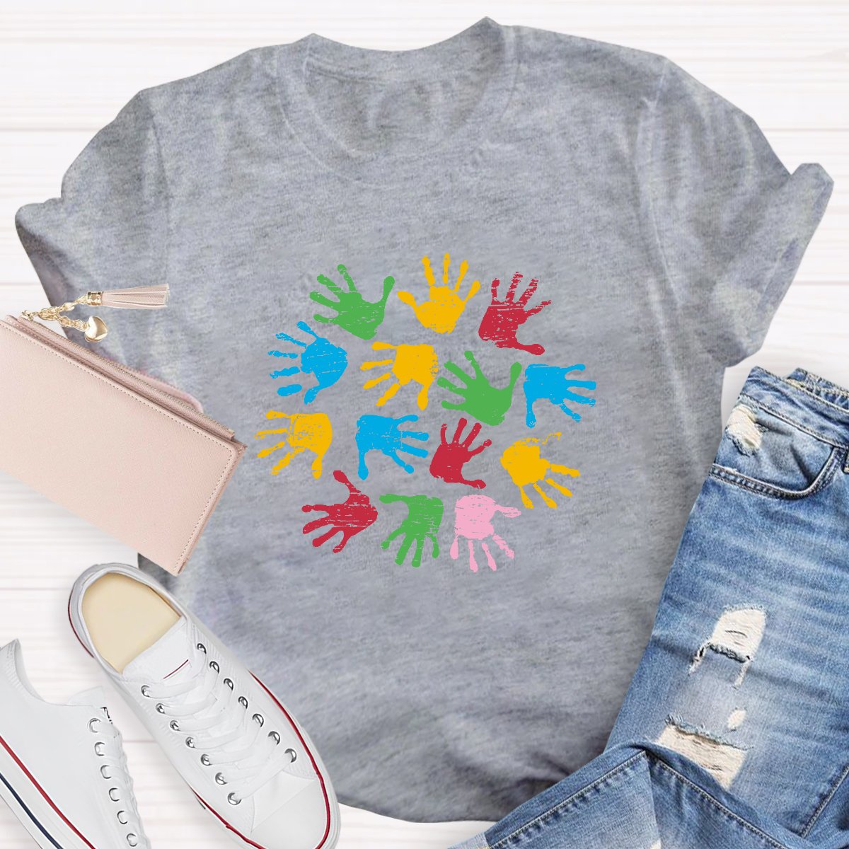 Colored Handprints Autism Awareness Teacher T-shirt