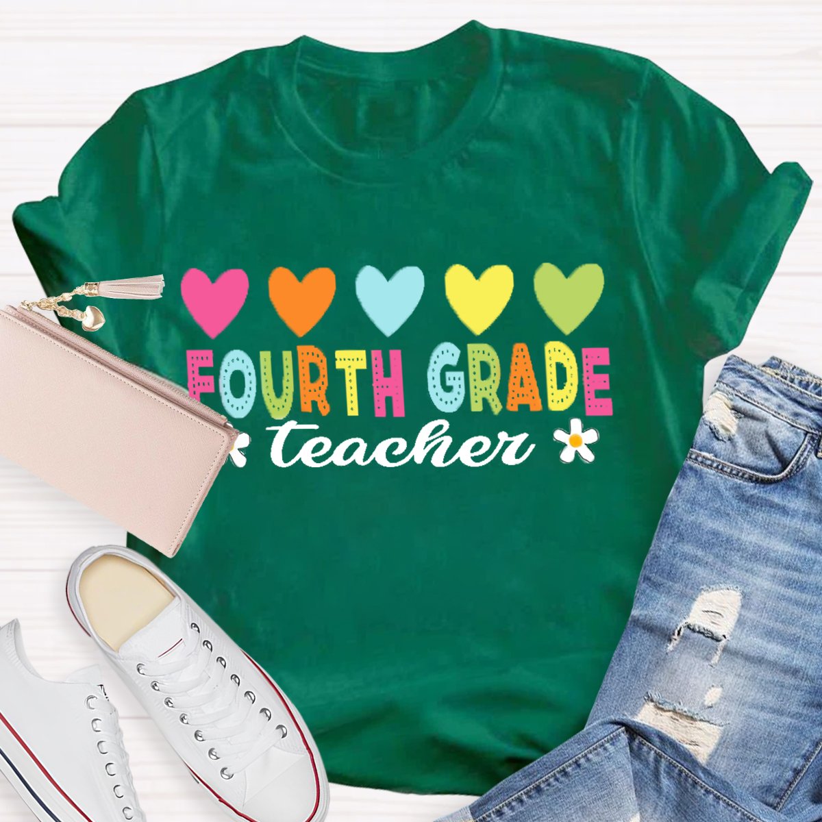 Personalized Grade Heart Print Teacher T-shirt