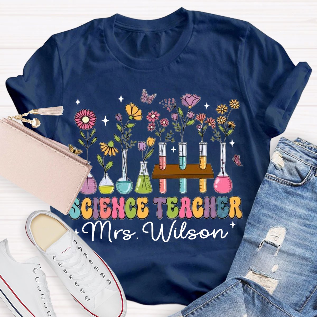 Personalized Science Teacher Name Tubes And Flowers Teacher T-Shirt