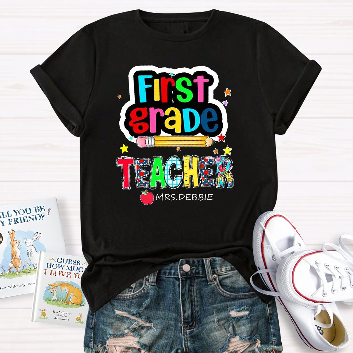 Personalized Grade And Name Color Pencil Stars Red Apple Teacher T-Shirt