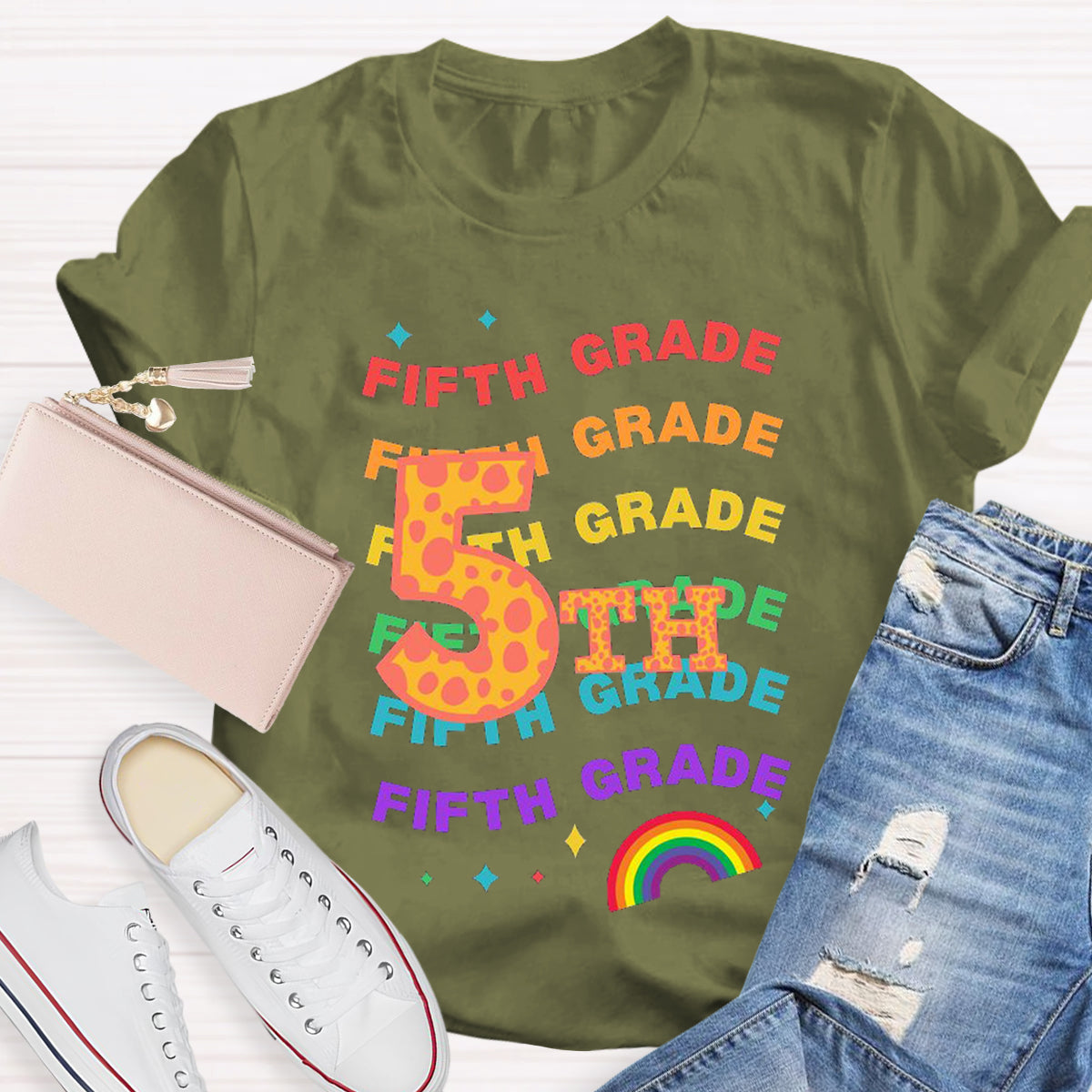 Personalized Grade Rainbow Teacher T-Shirt