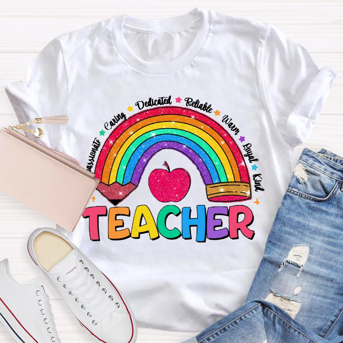 Glitter Teacher Rainbow Pencil Back To School T-Shirt