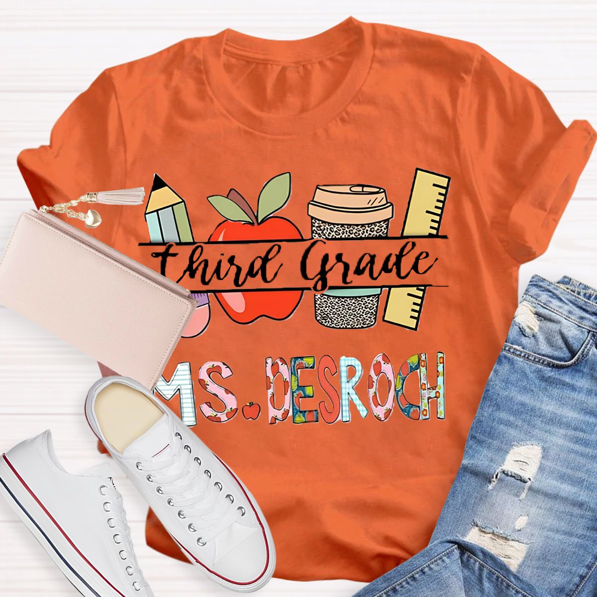 Personalized Grade And Name  Flower Letter Teacher T-Shirt