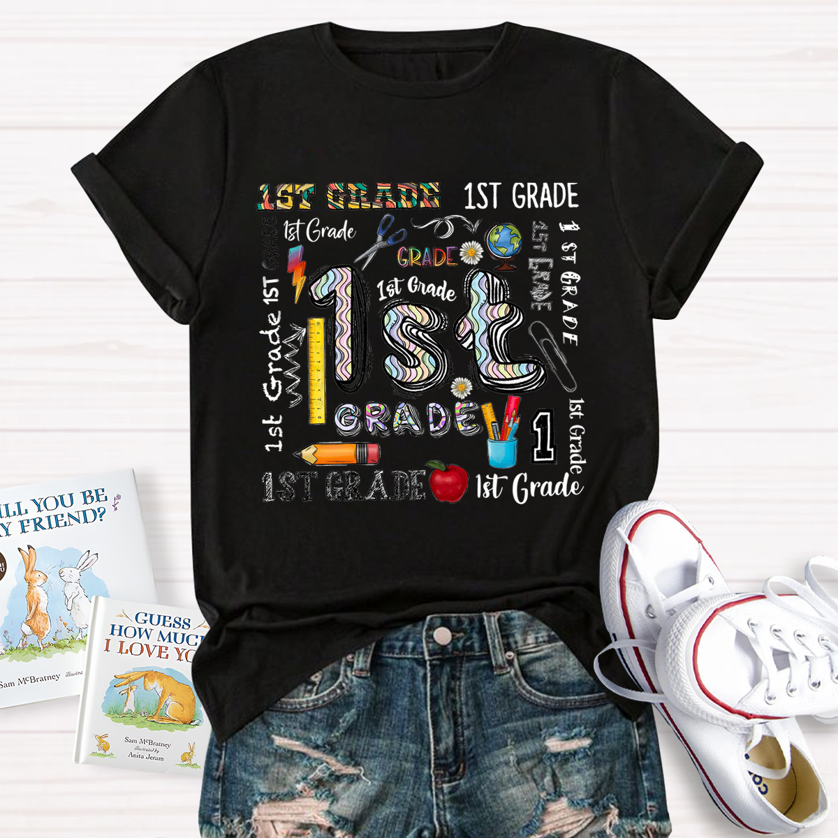 Personalized Grade School Supplies Icons Teacher T-Shirt