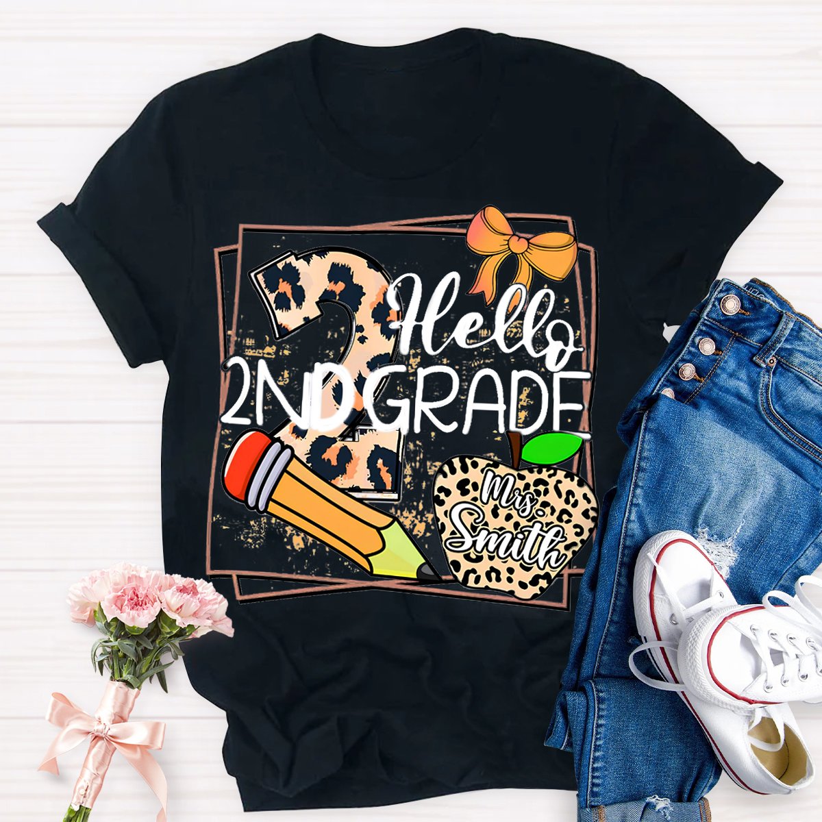 Personalized Grade And Name Leopard Print Apple Pencil T-Shirt