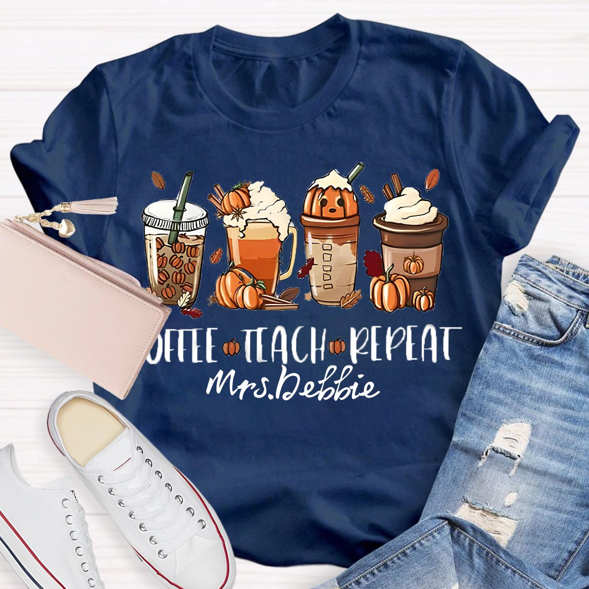 Personalized Name Halloween Coffee Teach Repeat Teacher T-Shirt