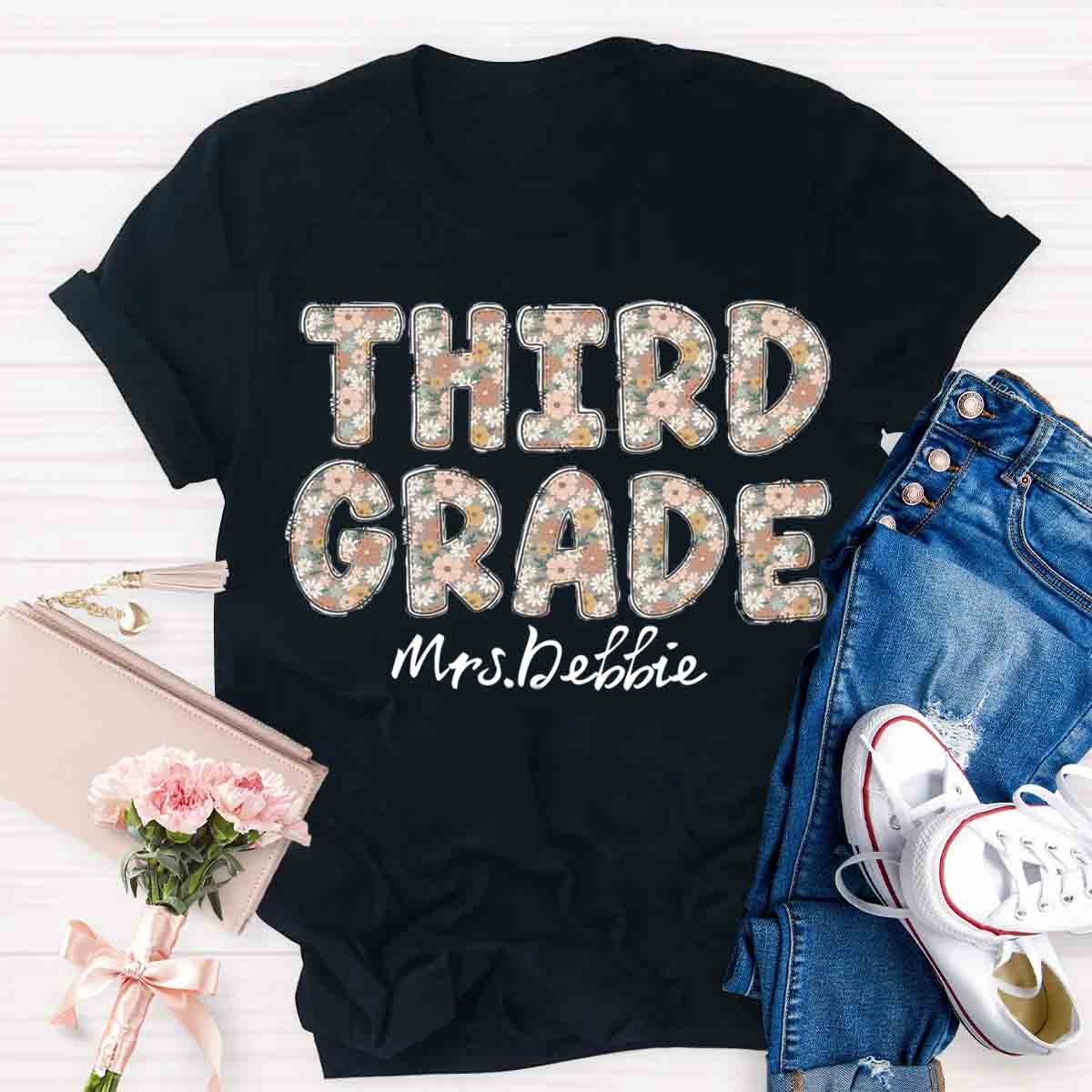 Personalized Grade And Name Floral Third Grade Teacher Shirt