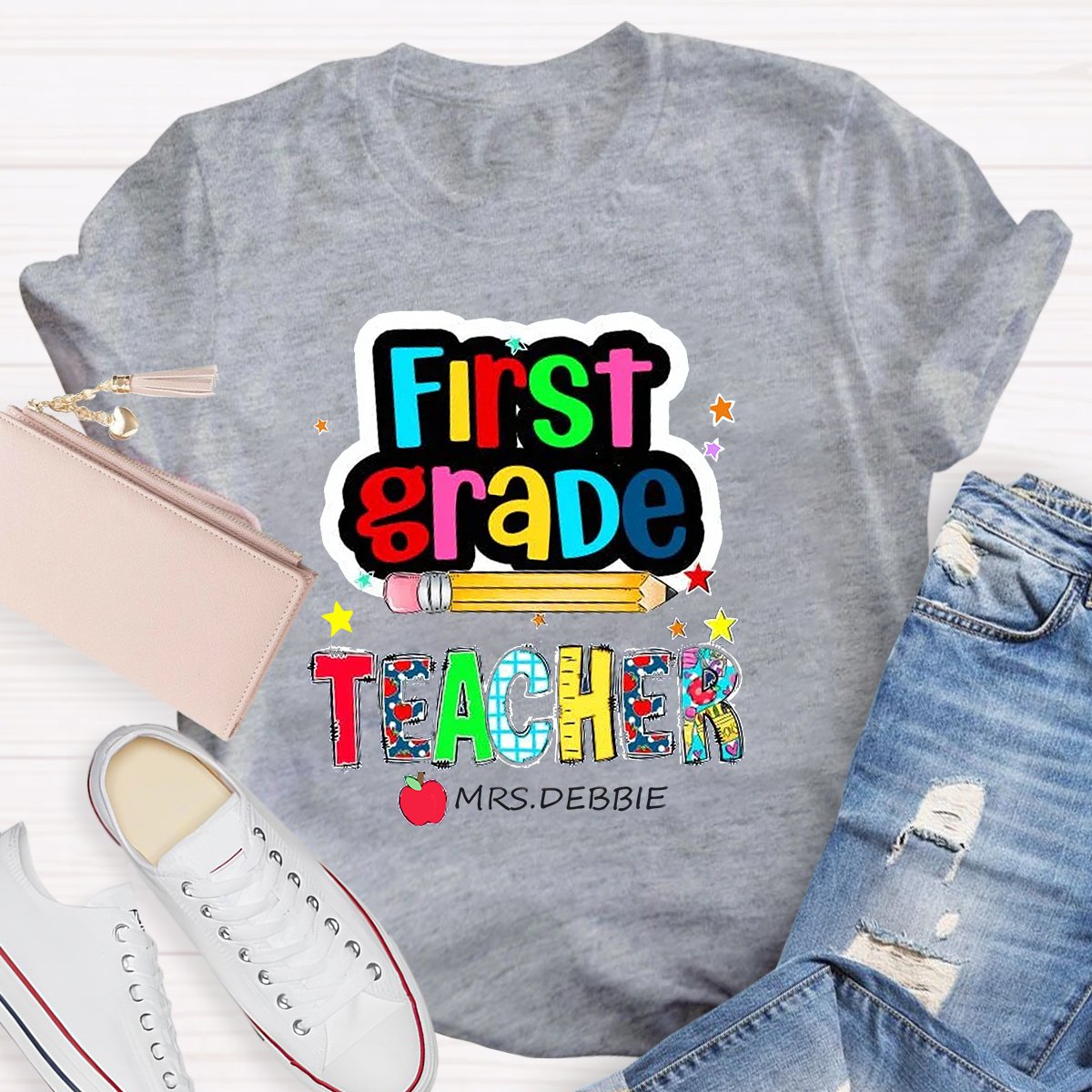 Personalized Grade And Name Color Pencil Stars Red Apple Teacher T-Shirt