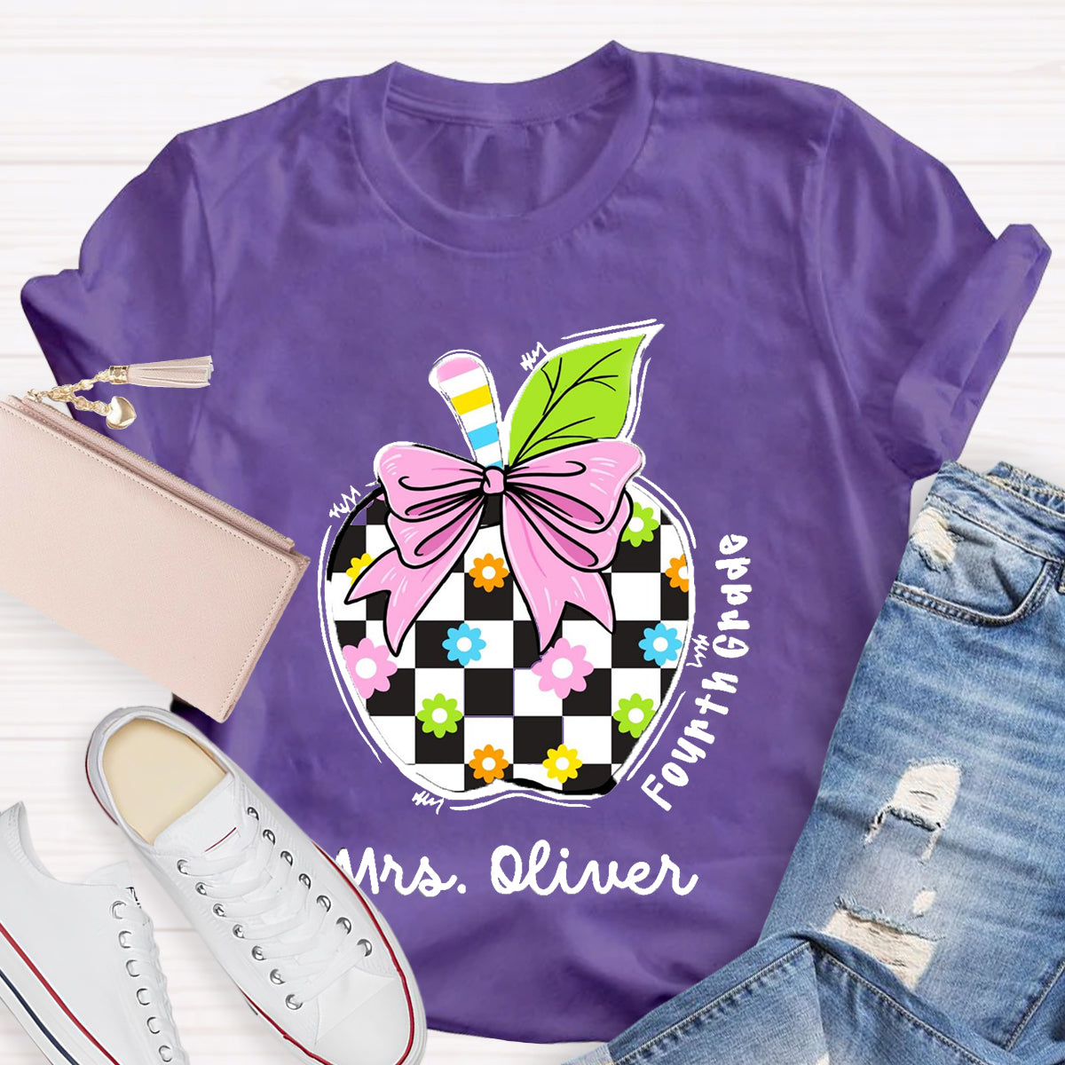 Personalized Grade And Name Colourful Check Print Apple T-Shirt