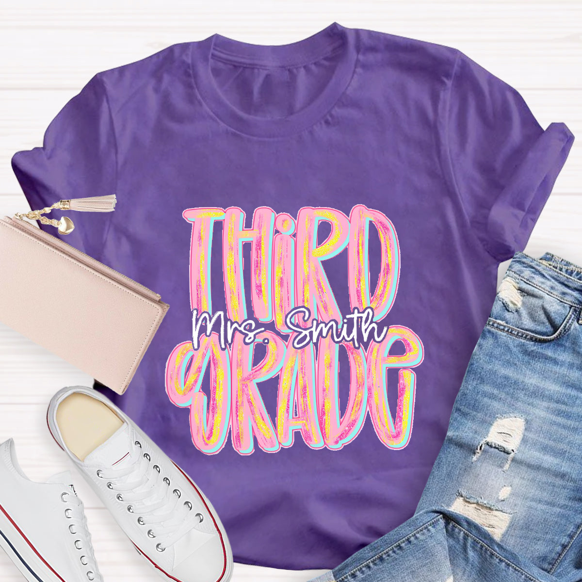 Personalized Grade And Name Pink Second Grade Teacher T-Shirt
