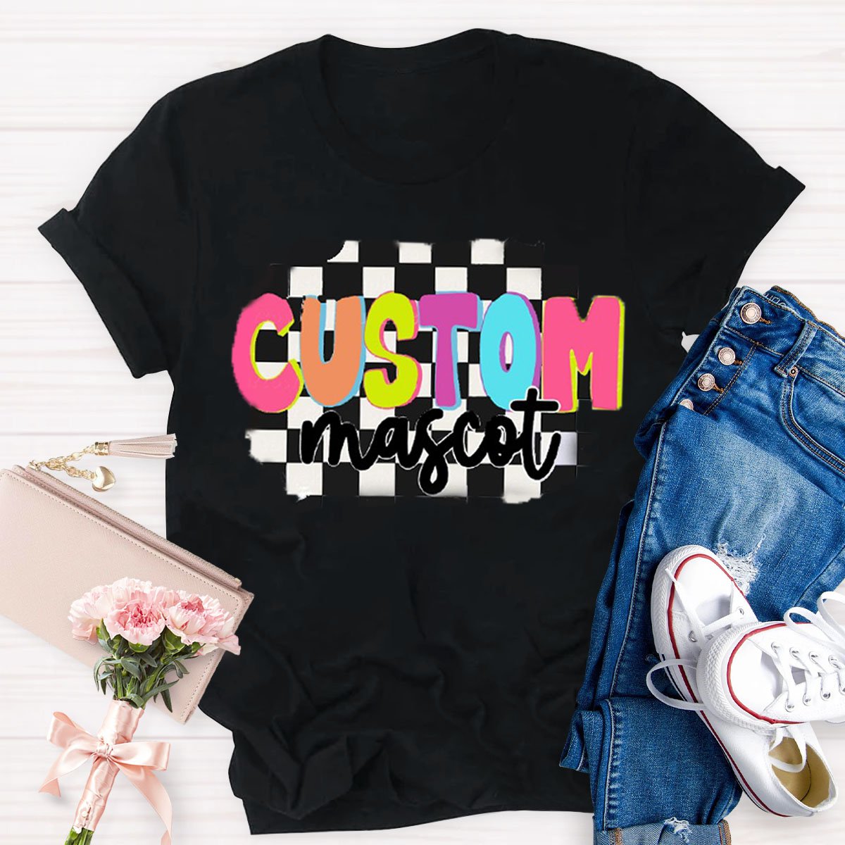 Personalized  Your Mascot Black And White Checkerboard Teacher T-Shirt