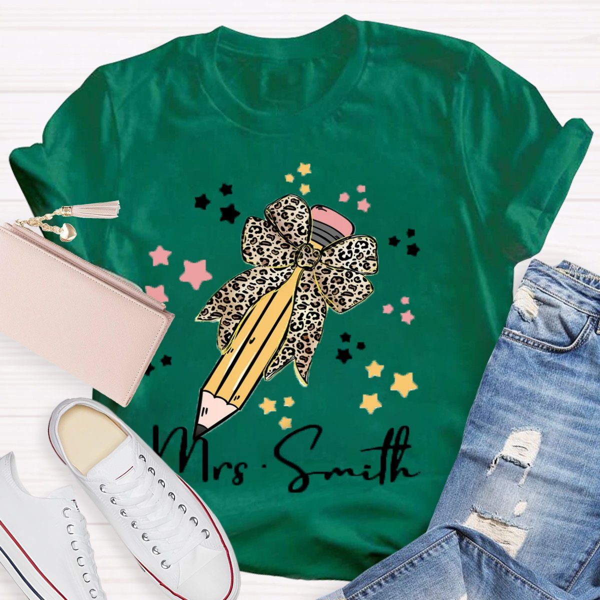 Personalized Name Leopard Bow Teacher Shirt