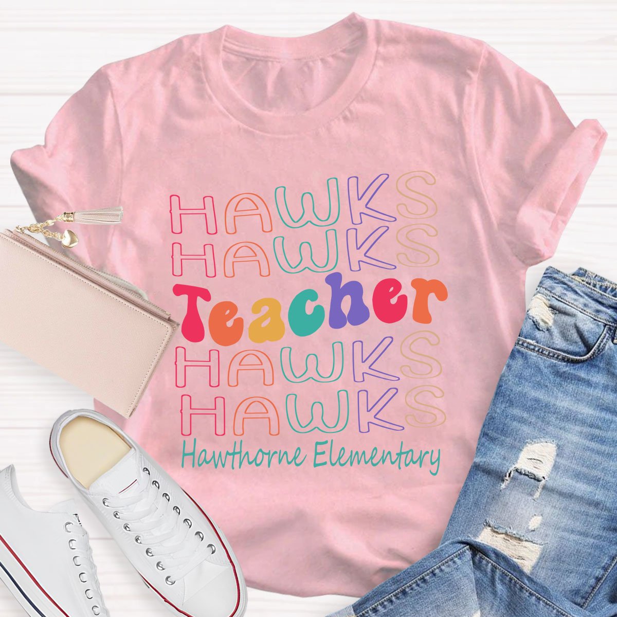 Personalized Mascot Colored Letters Teacher T-Shirt