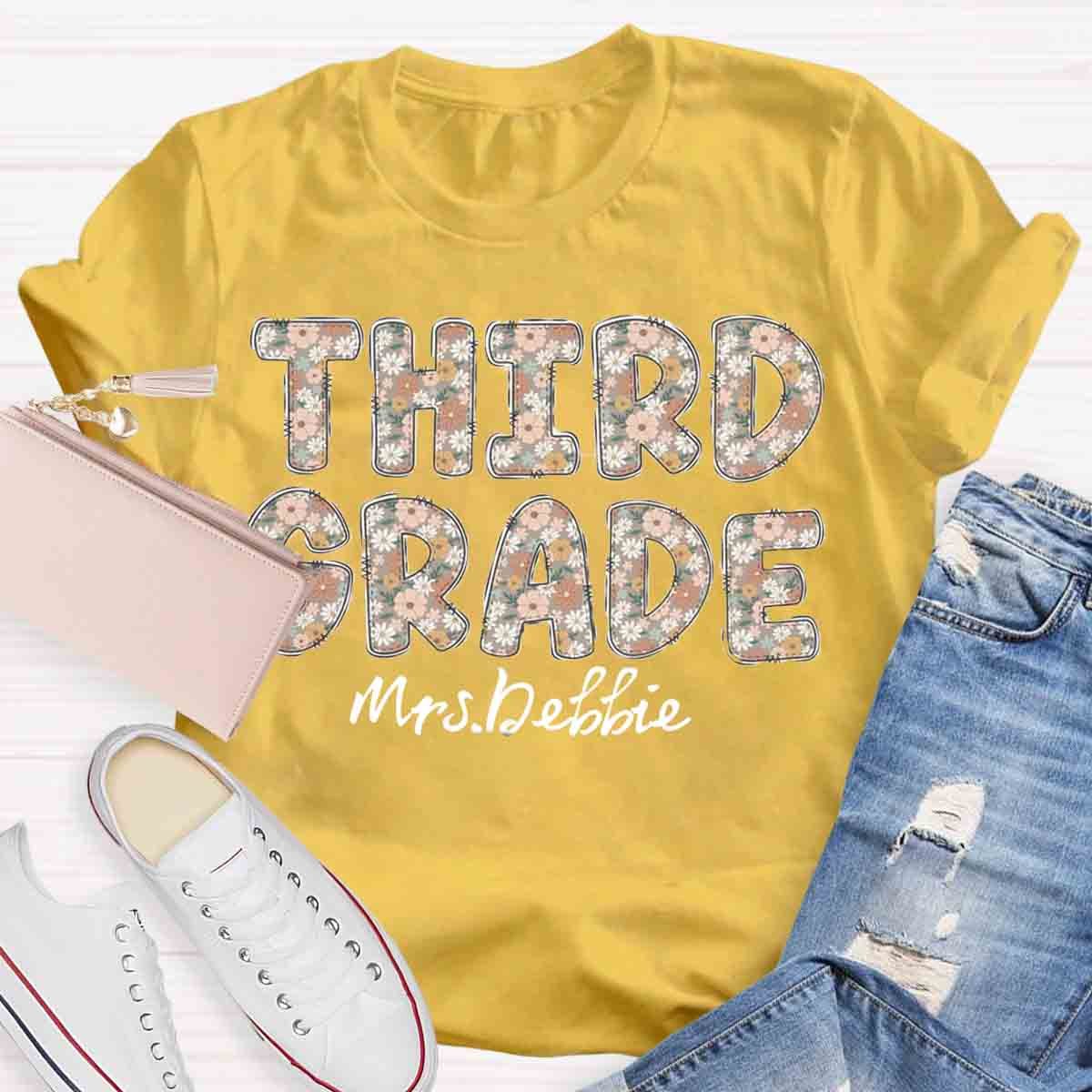 Personalized Grade And Name Floral Third Grade Teacher Shirt