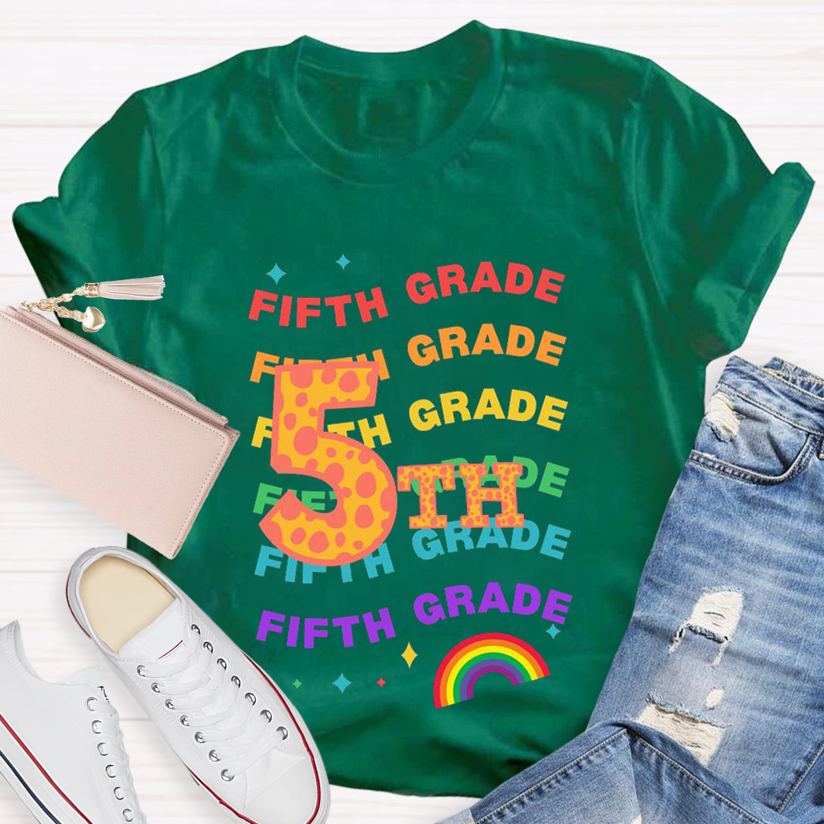 Personalized Grade Rainbow Teacher T-Shirt