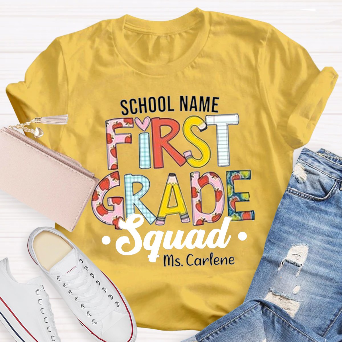 Personalized School Name And First Grade Teacher Shirt