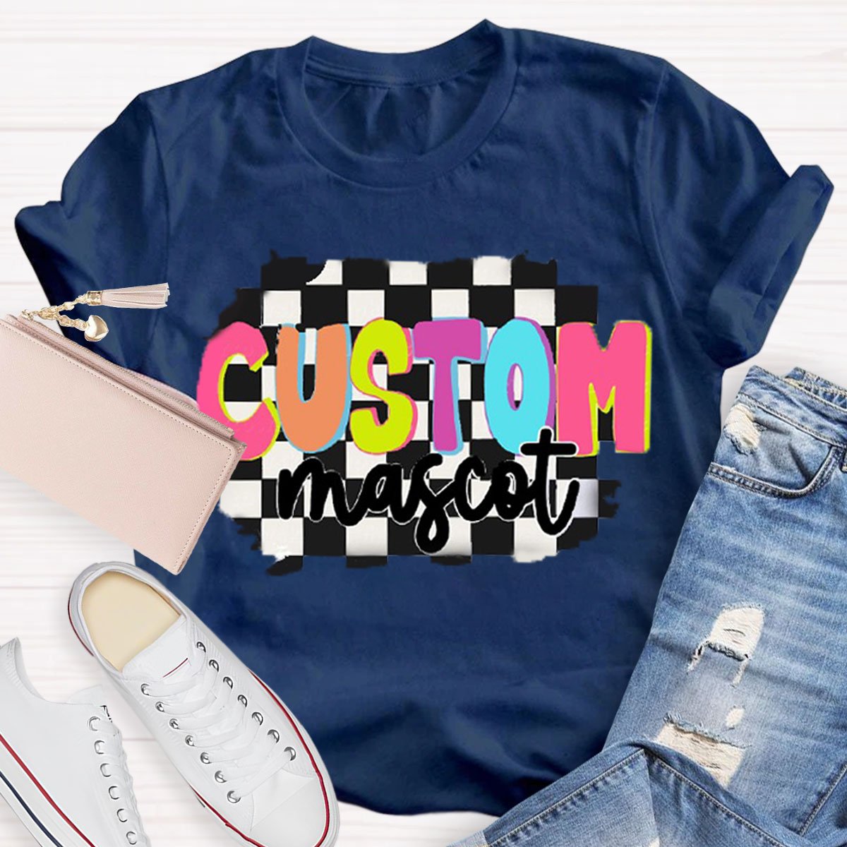 Personalized  Your Mascot Black And White Checkerboard Teacher T-Shirt