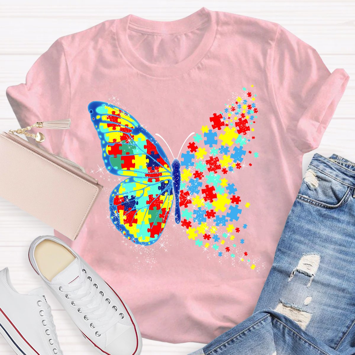 Colorful Puzzle Butterfly Teacher T-Shirt