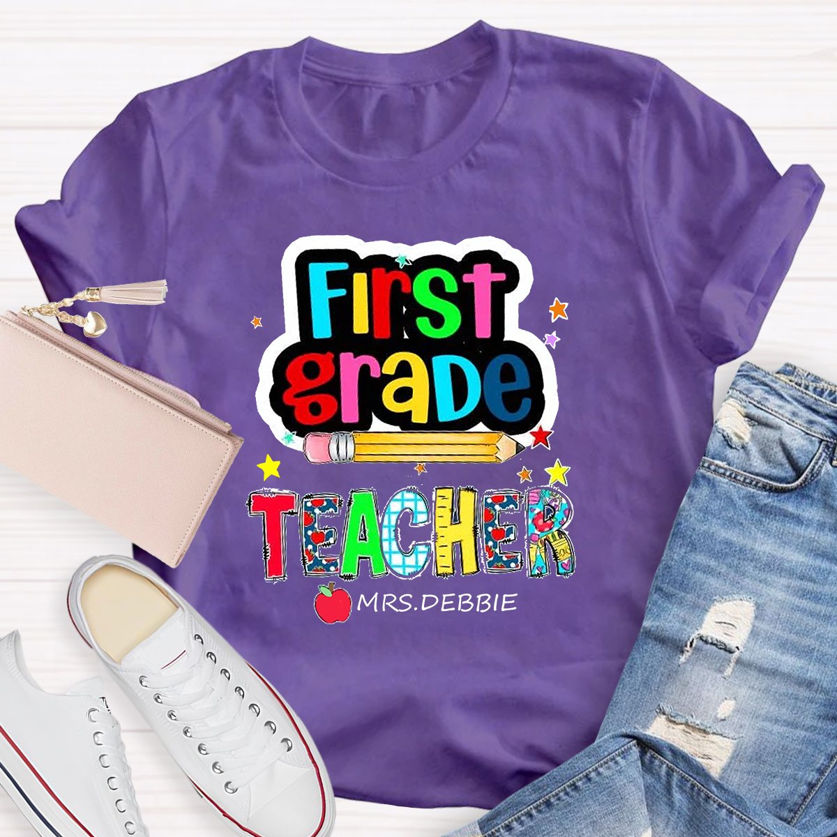 Personalized Grade And Name Color Pencil Stars Red Apple Teacher T-Shirt