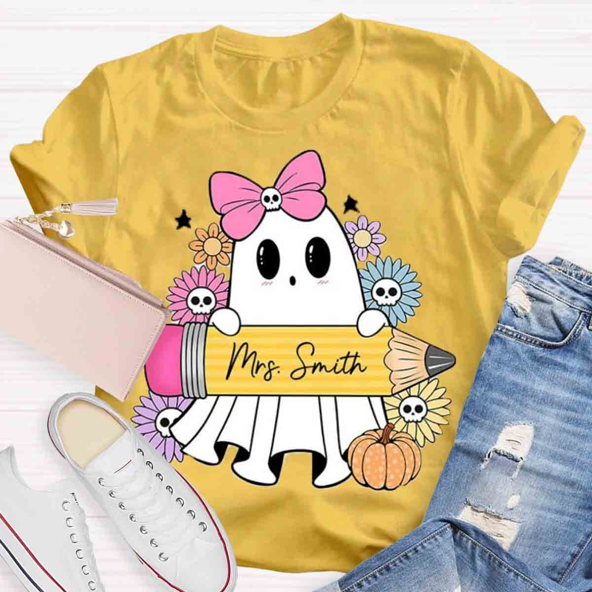 Personalized Name Halloween Teacher Coquette Ghost Shirt