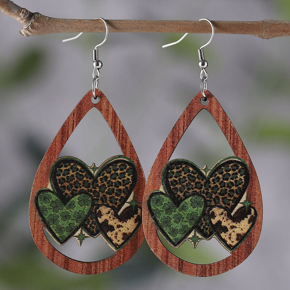 St. Patrick's Day Love Heart Four Leaf Clover Earrings