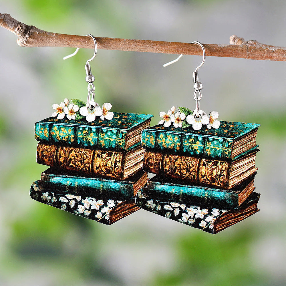 Book Pattern Wooden Earrings