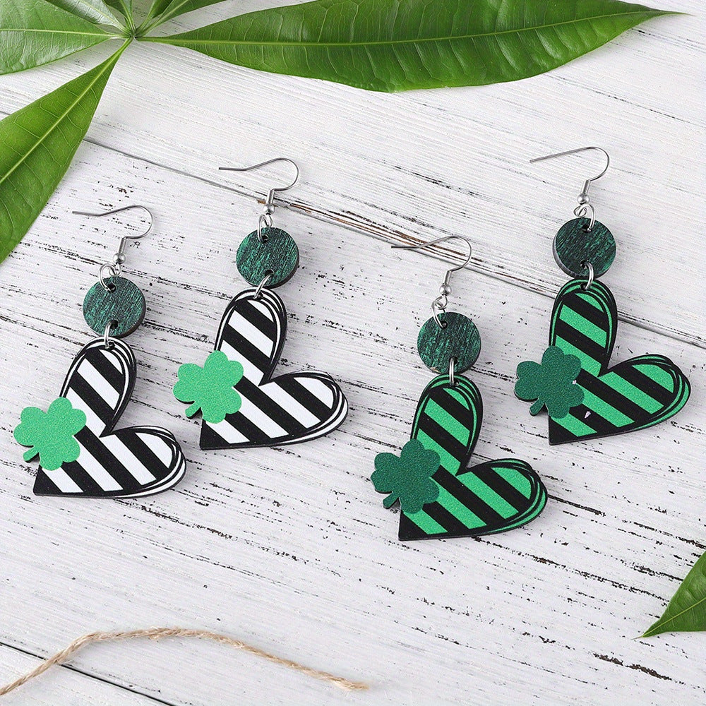 Green Clover Heart Striped Wooden Earrings