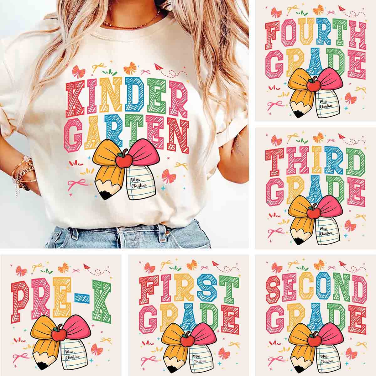 Personalized Grade And Name Apple Pencil Bow T-shirt