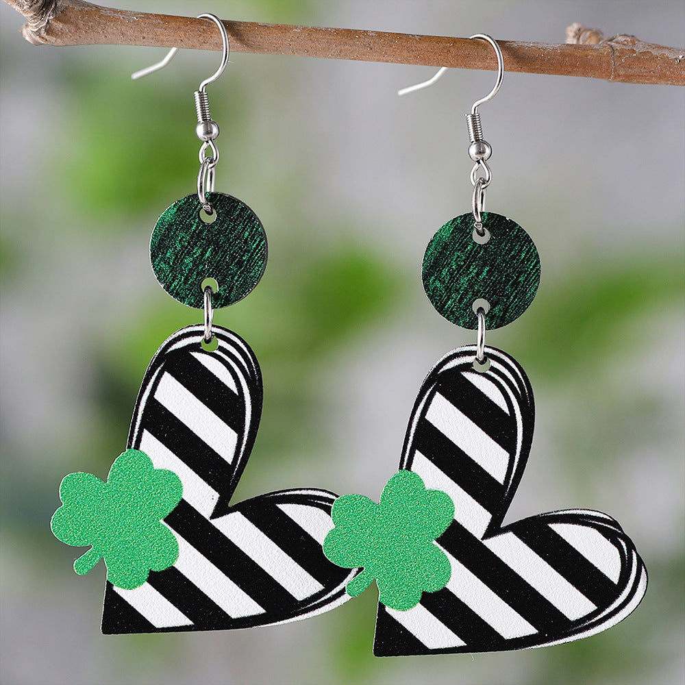 Green Clover Heart Striped Wooden Earrings