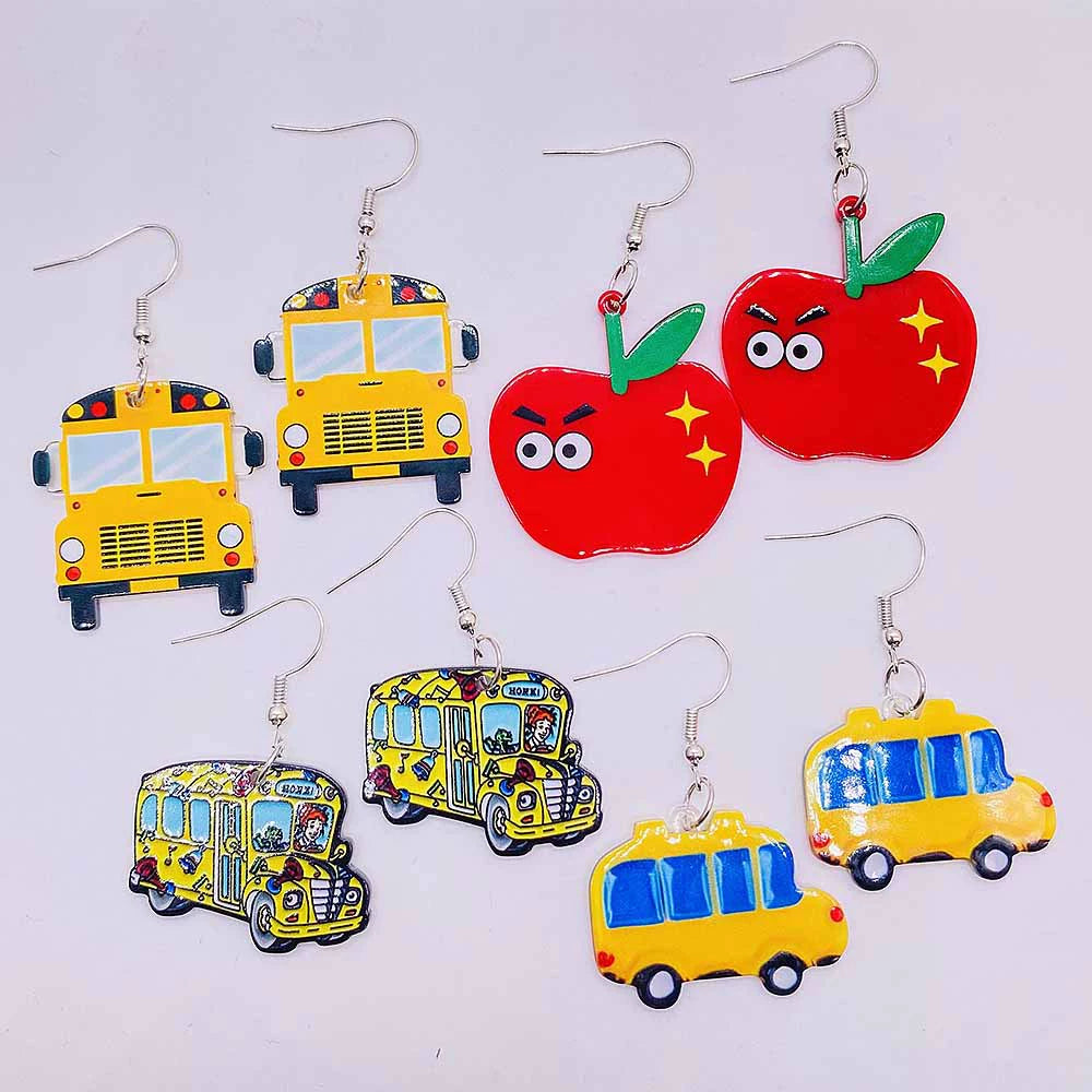 Acrylic Apple School Bus Back to School Earrings