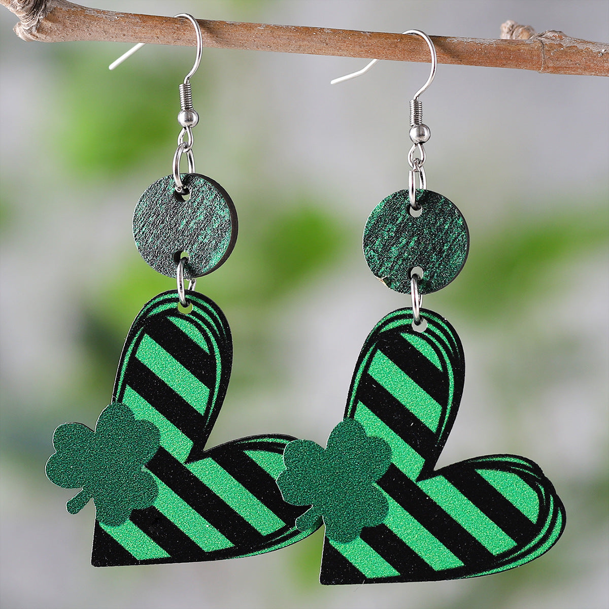 Green Clover Heart Striped Wooden Earrings