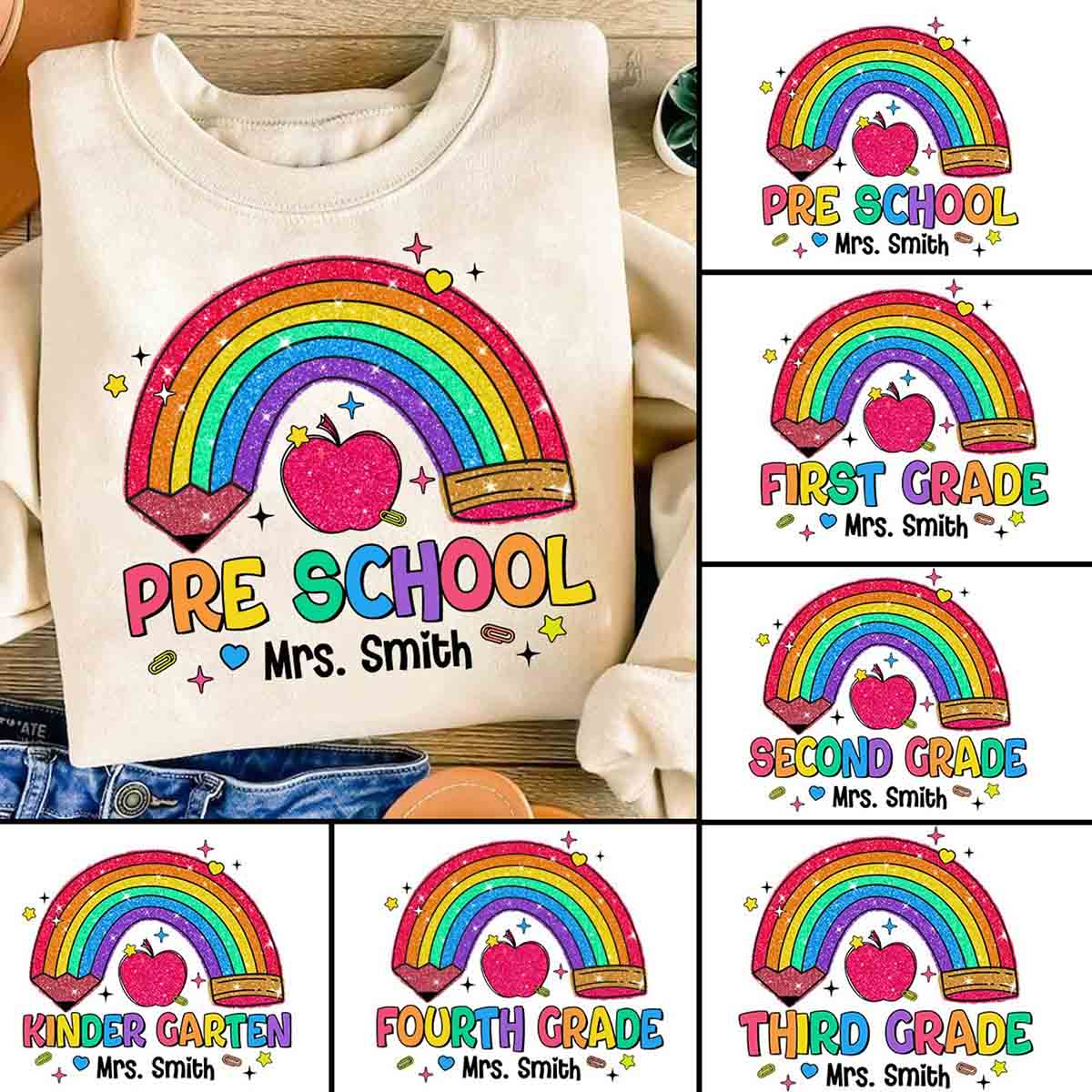 Personalized Name And Grade Rainbow Pencils Apple Print T-shirt