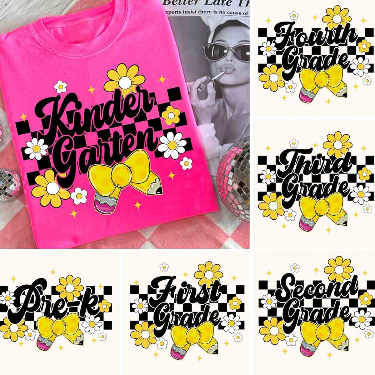 Personalized Grade Yellow Bow And Small Flowers Teacher T-shirt