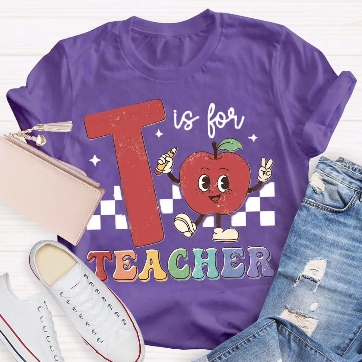 T is for teacher Apple Pencil Printed Back to school T-shirt