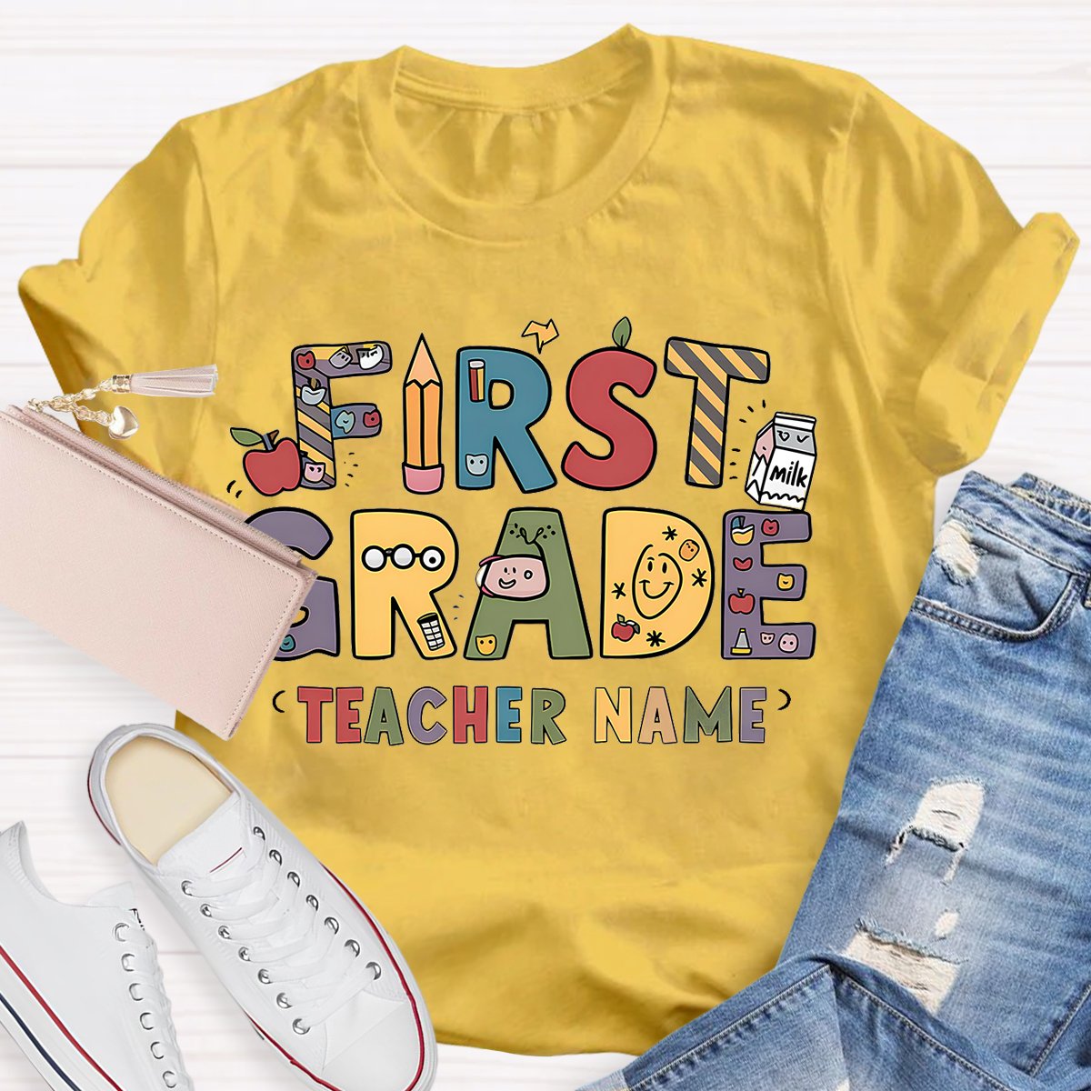 Personalized 1st Grade Teachers Name First Day To School T-Shirt