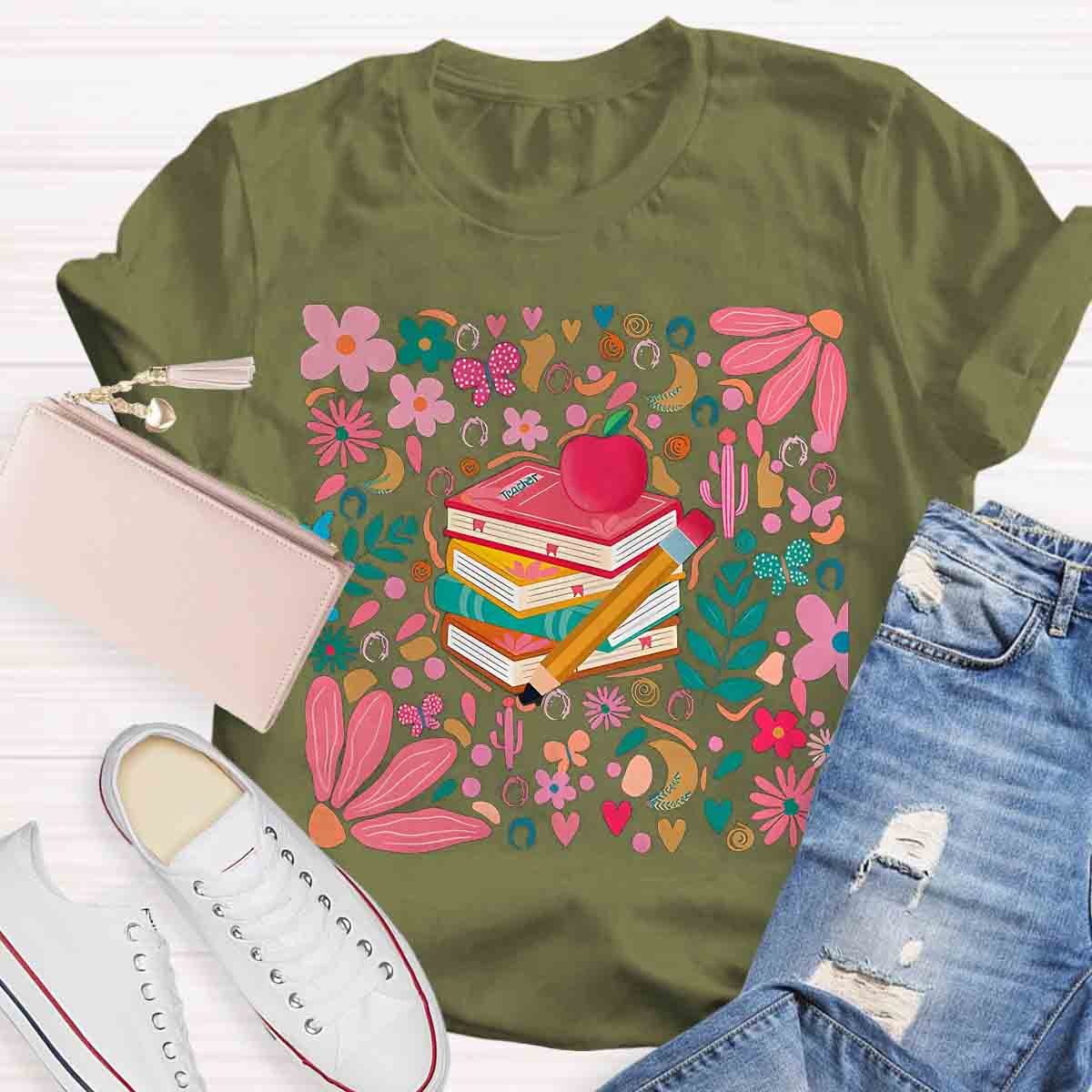 Pink School Teacher Floral T-Shirt