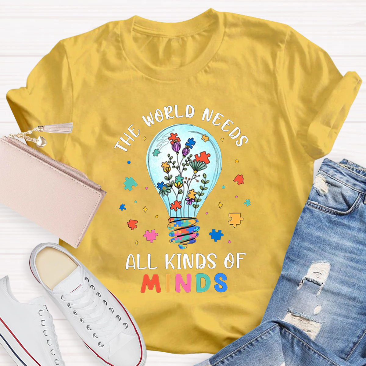 Colorful Puzzle The World Needs All Kinds Of Minds Teacher T-Shirt