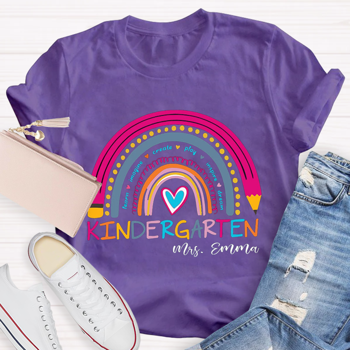 Personalized Name And Grade Rainbow Teacher T-Shirt